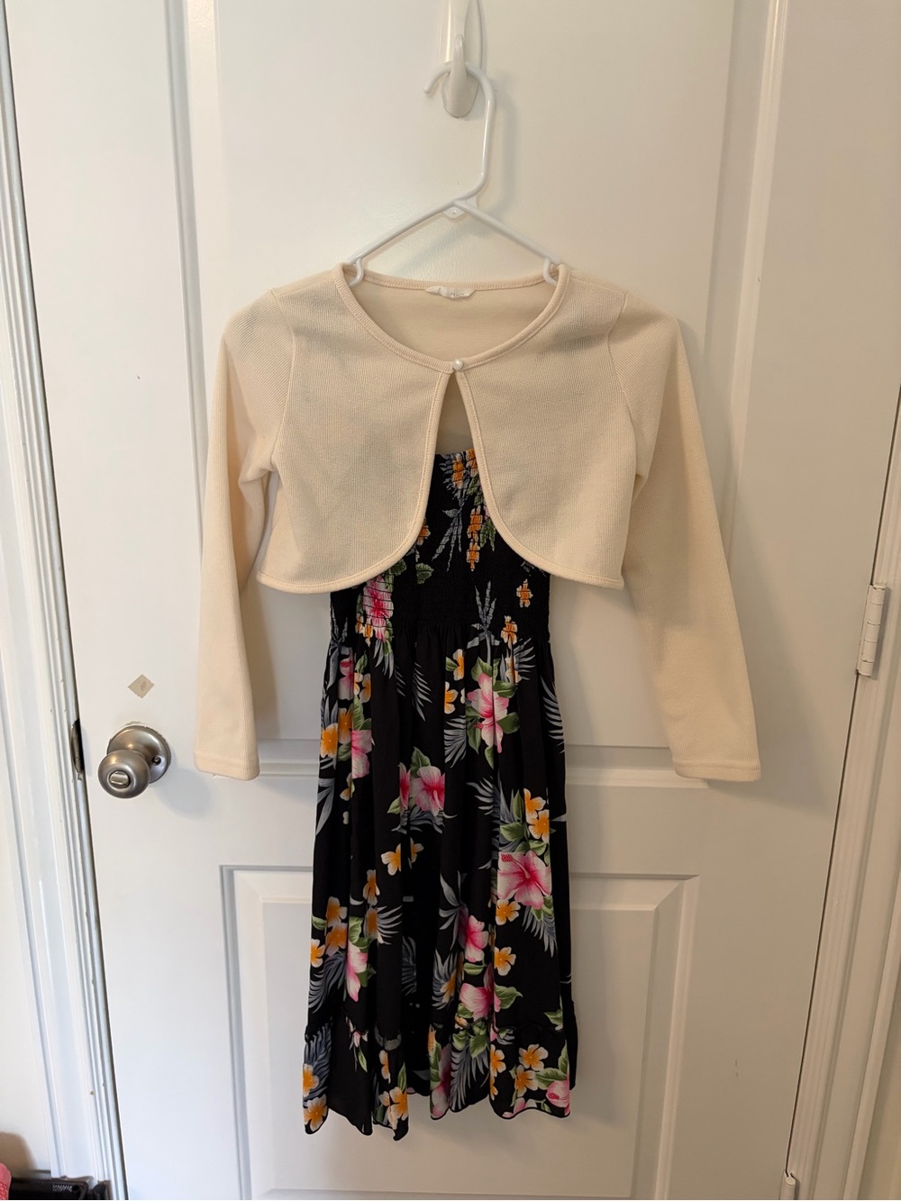 Girls Black Floral Sundress with Cream Bolero